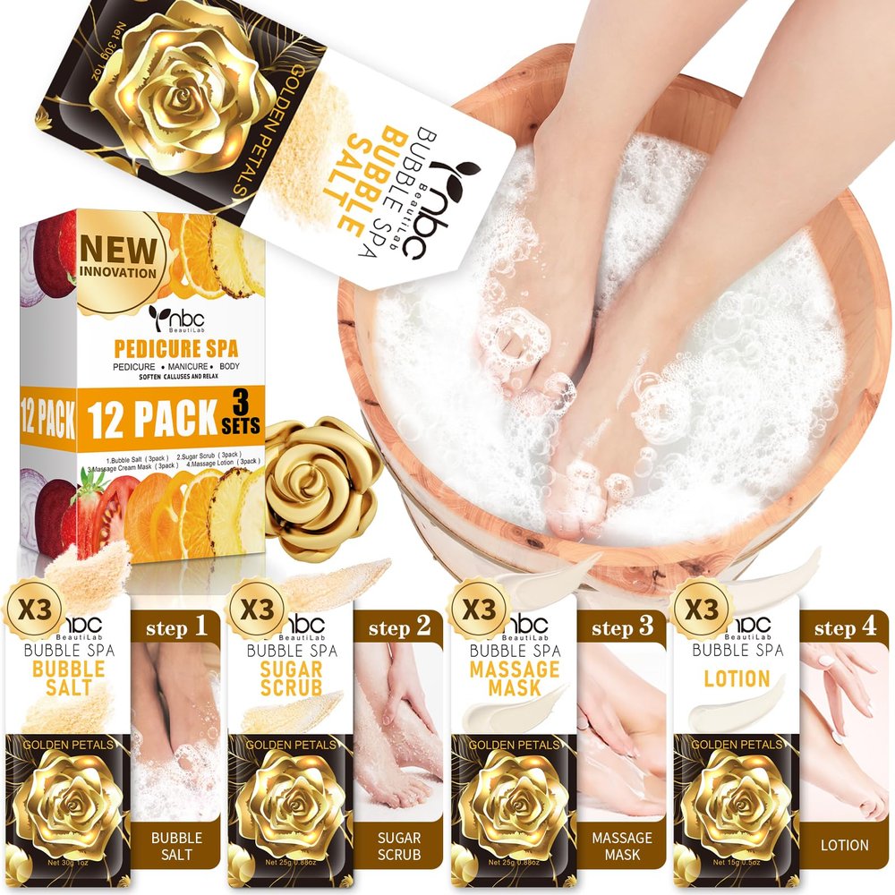 nbc BeautiLab Pedicure Kit Foot Soak Set: Bubble Salt, Sugar Scrub, Massage Mask, Massage Lotion in a Box, 4 Step Foot Spa Kit for Dry Feet,Tired Feet3 Set Golden petals)