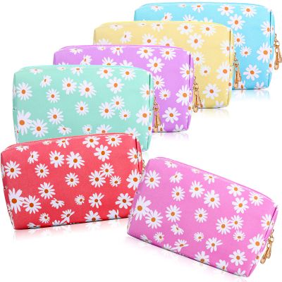6 Pcs PU Leather Cosmetic Bag Teacher Gifts Bulk Leather Makeup Bag for Purse Daisy Portable Small Cute Skin Care Preppy Pouch Waterproof Travel Cosmetic Organizer for Women End of the Year Gifts Bulk