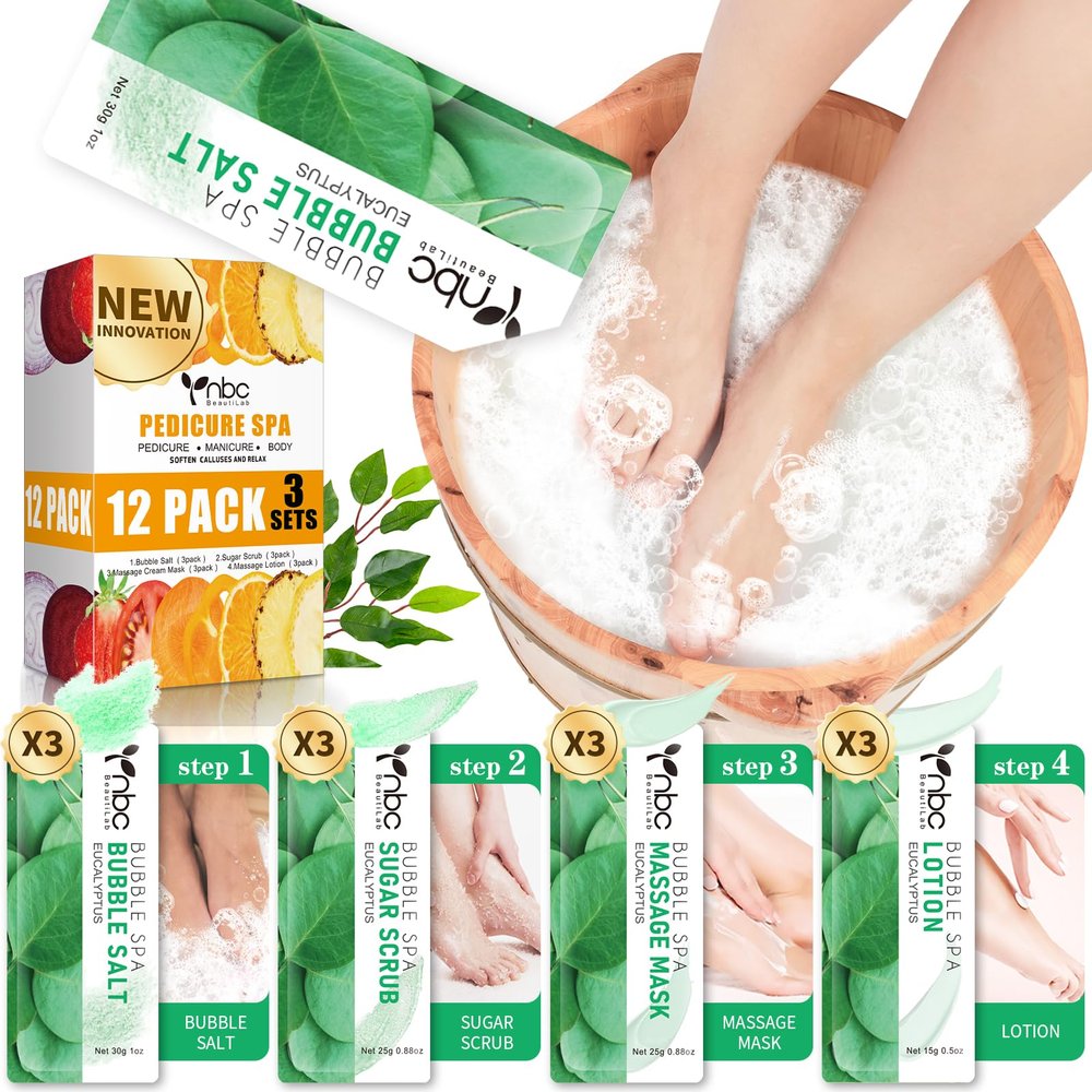 nbc BeautiLab Pedicure Kit Foot Soak Set: Bubble Salt, Sugar Scrub, Massage Mask, Massage Lotion in a Box, 4 Step Foot Spa Kit for Dry Feet,Tired Feet3 Set Eucalyptus)