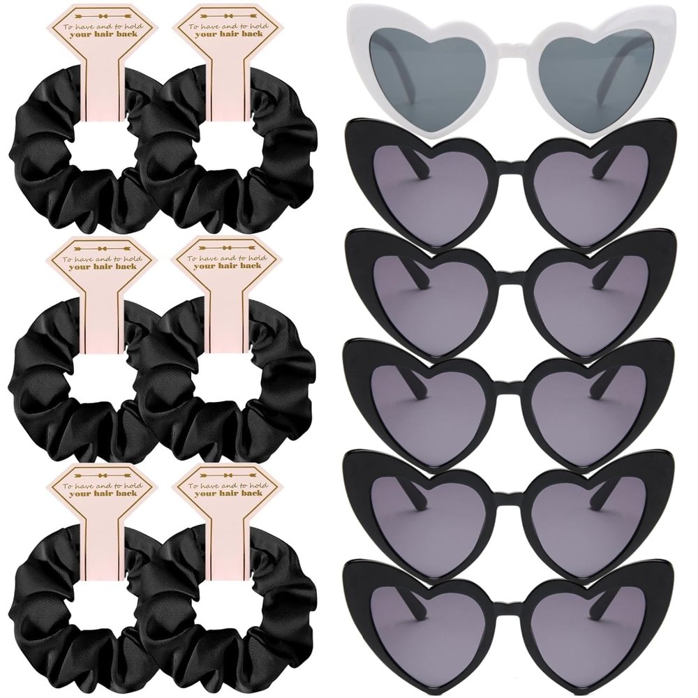 Loanzeg Satin Bridesmaid Scrunchies Bachelorette Hair Ties Set of 6 sunglasses Bridal Shower No Damage Hairties ideas Gift for Wedding Party Favors Bridesmaid Proposal Gifts (Black)