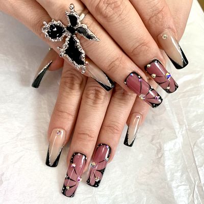 FRUJCDKI Real Nails Gel Series French Pressed Nails Coffin Long Black Butterfly Rhinestone Nails Design Acrylic Full Coverage Artificial Shiny Fake Nails for Women and Girls (Butterfly-S)