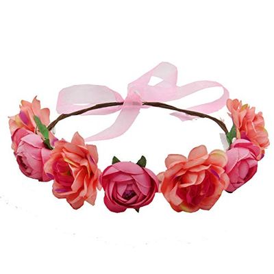 Adjustable Corolla Bohemian Headband Rattan Wreath Wedding bride Hair hoop Party Christmas beach party Hair accessories (Watermelon red)