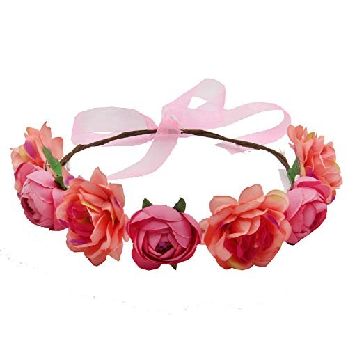 Adjustable Corolla Bohemian Headband Rattan Wreath Wedding bride Hair hoop Party Christmas beach party Hair accessories (Watermelon red)
