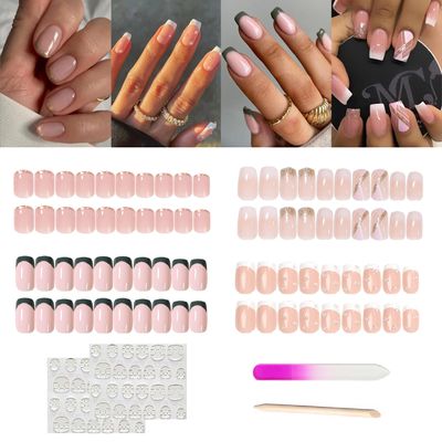 Medium Press on Nails Square French Fake Nails Full Cover Colorful Acrylic False Nails for Women and Girls 96PCS