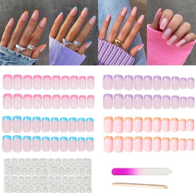 Long Square French Press on Nails Fake Nails Full Cover Creme Nude Acrylic False Nails for Women and Girls 96PCS