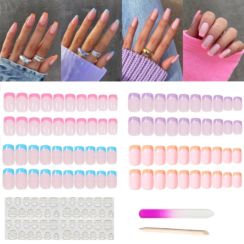 Long Square French Press on Nails Fake Nails Full Cover Creme Nude Acrylic False Nails for Women and Girls 96PCS