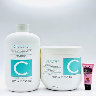 Maxy Look Hair Recipe Feed Your Hair Collagen Protecting Shampoo & Mask for Colored & Chemically Treated Hair 1000 ml /33.8 fl oz - Free Starry Lip Gloss 10ml