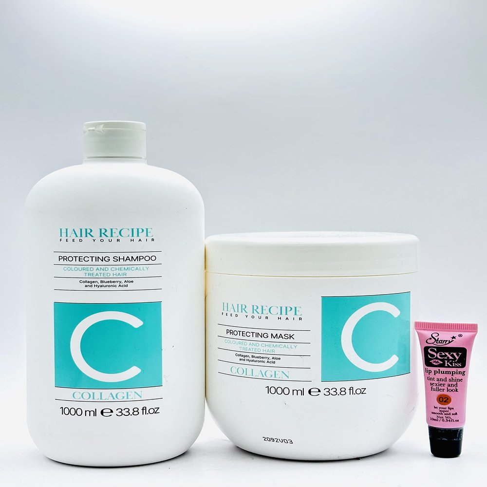 Maxy Look Hair Recipe Feed Your Hair Collagen Protecting Shampoo & Mask for Colored & Chemically Treated Hair 1000 ml /33.8 fl oz - Free Starry Lip Gloss 10ml