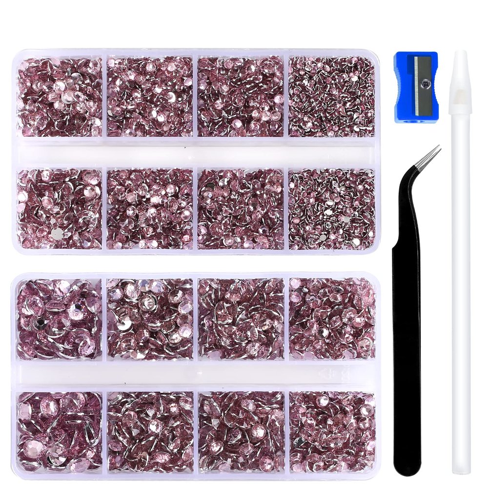 10400PCS Pink Resin Flat Back Rhinestones, Round Non-Hotfix Jelly AB Nail Gems Rhinestone with Tweezer and Picker Pencil for Crafts Tumblers Nail Art & DIY Decoration