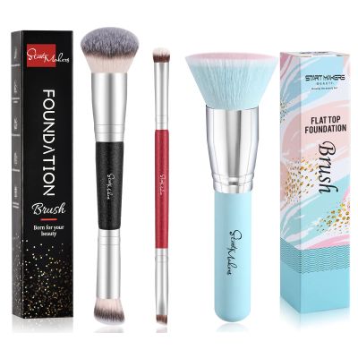 2Pcs Contour Brush Dual-ended Foundation Brush Black&Red Makeup Brushes Set + 1Pc Blue Foundation Brush for Liquid Makeup