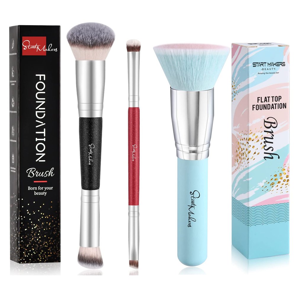 2Pcs Contour Brush Dual-ended Foundation Brush Black&Red Makeup Brushes Set + 1Pc Blue Foundation Brush for Liquid Makeup