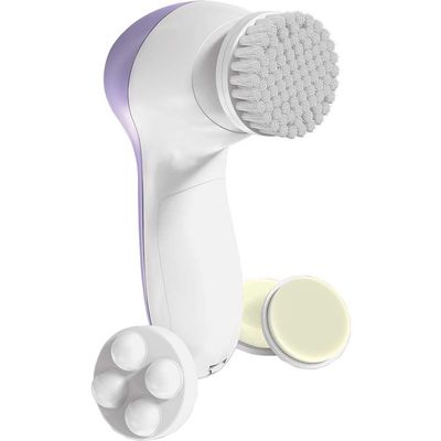 Bella Ciao 6-Piece Facial Cleansing and Exfoliating Set with Soft Facial Brush, Rolling Massager Head, Latex Sponge, Makeup Sponge, and Callus-Remover Disc, Batteries Not Included, Lavender
