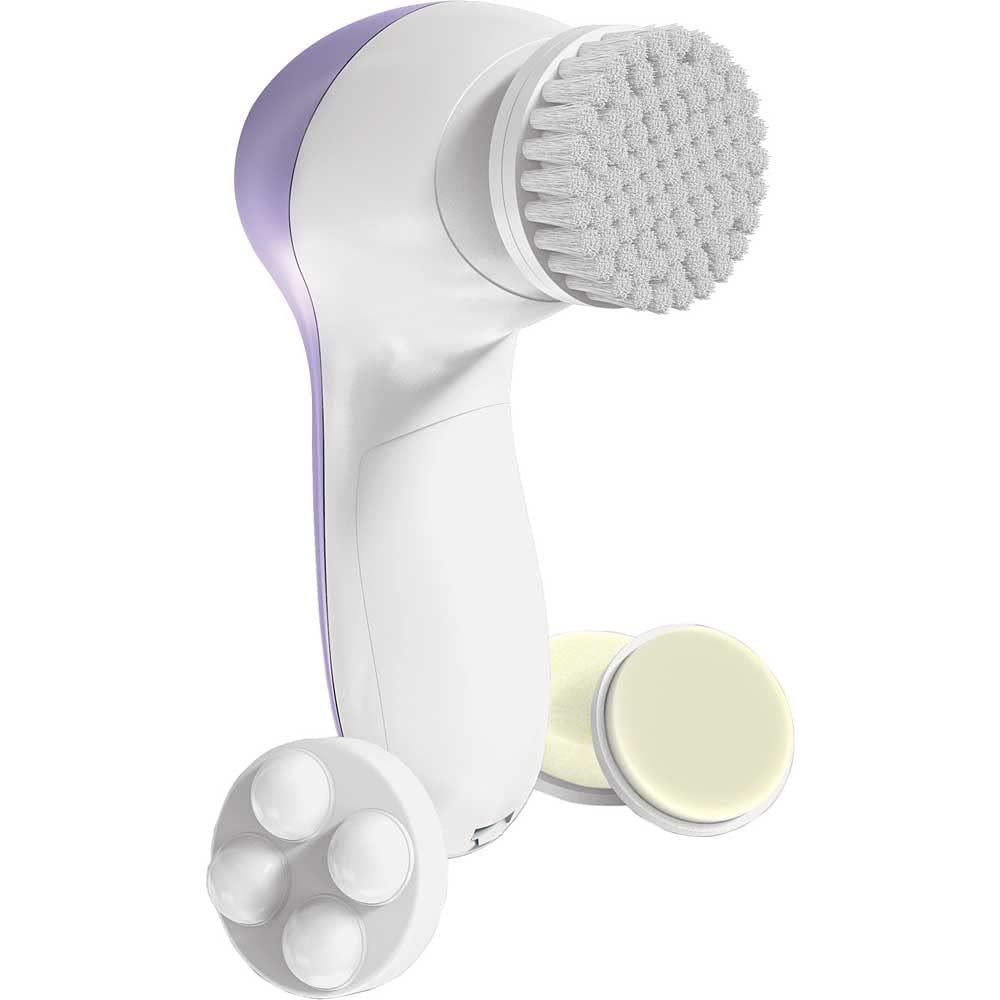 Bella Ciao 6-Piece Facial Cleansing and Exfoliating Set with Soft Facial Brush, Rolling Massager Head, Latex Sponge, Makeup Sponge, and Callus-Remover Disc, Batteries Not Included, Lavender