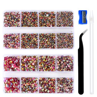 10400PCS Rose Pink AB Flat Back Rhinestones, Round Non-Hotfix Jelly Nail Gems Rhinestone with Tweezer and Picker Pencil for Crafts Tumblers Nail Art & DIY Decoration