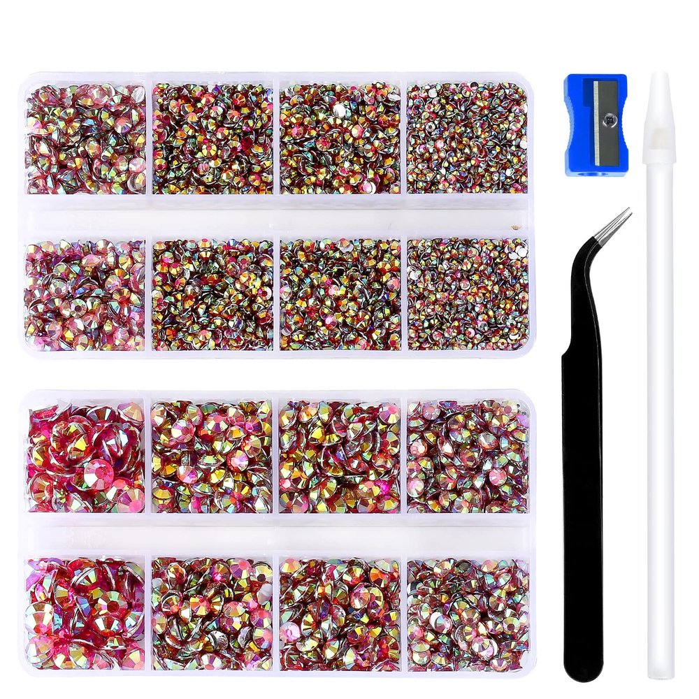 10400PCS Rose Pink AB Flat Back Rhinestones, Round Non-Hotfix Jelly Nail Gems Rhinestone with Tweezer and Picker Pencil for Crafts Tumblers Nail Art & DIY Decoration