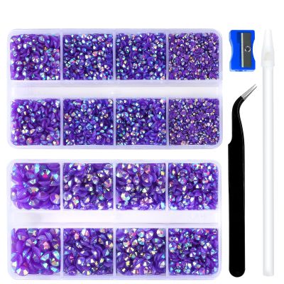 10400PCS Purple AB Resin Flat Back Rhinestones, Round Non-Hotfix Jelly Nail Gems Rhinestone with Tweezer and Picker Pencil for Crafts Tumblers Nail Art & DIY Decoration