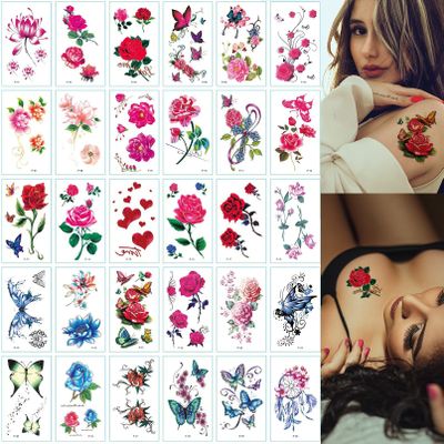 Casciybo 30Sheets Flower Temporary Tattoos for Women Girls, Fake Butterfly Colorful Rose Tattoo Stickers Waterproof for Body Arm Birthday Party Favors Supplies Gifts