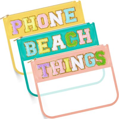 3 Pcs Chenille Letter Zipper Pouch for Travel Clear Snack Bags Waterproof Cosmetic Pouch Nylon Gym Beach Multipurpose Makeup Bag for Women Girl(Beach, Phone, Things,Candy Color)