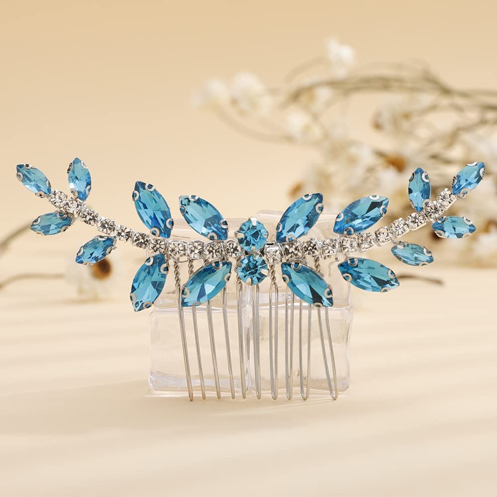 Teyglen Crystal Bride Wedding Hair Comb Bridal Blue Rhinestone Side Comb Dainty Hair Pieces Bridal Headpieces Hair Accessories for Women Bride Girls(Light Blue)