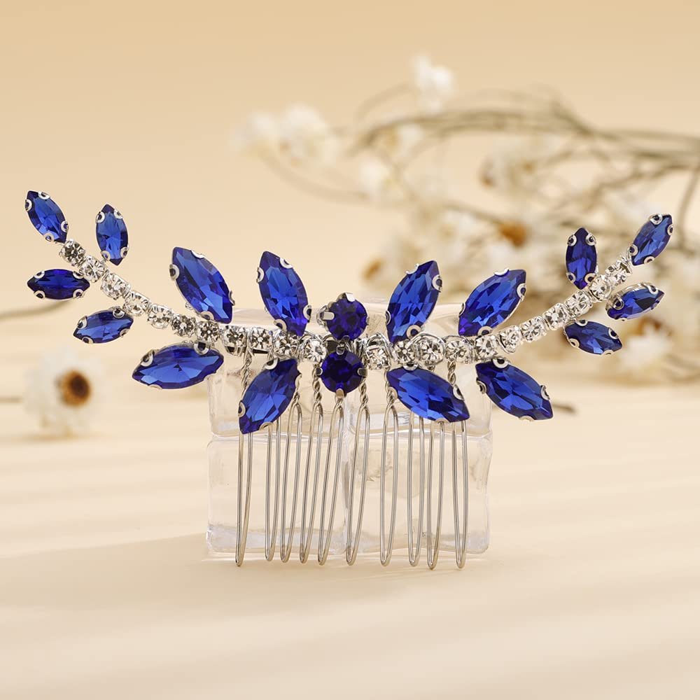 Teyglen Blue Rhinestone Wedding Hair Comb Bridal Crystal Hair Side Comb Handmade Crystal Hair Pieces Bridal Headpieces Hair Accessories for Women Bride Girls (Blue)