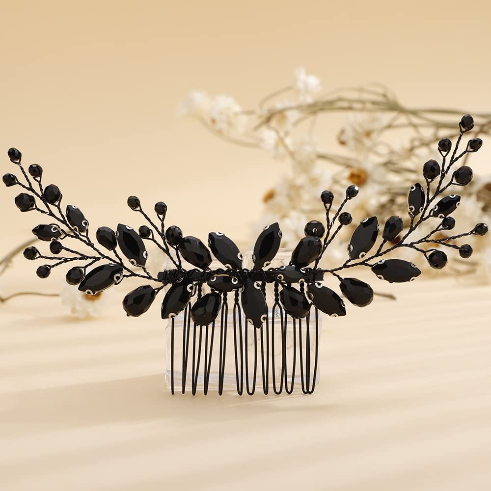 Teyglen Bride Wedding Crystal Hair Comb - Rhinestone Hair Pieces Handmade Full Black Red Blue Crystal Hair Side Comb Shiny Headpieces for Women Girls