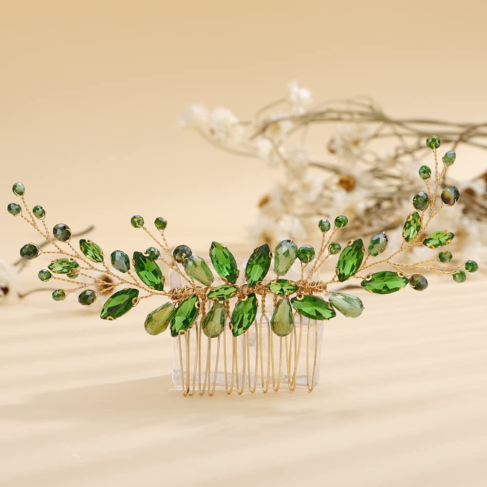 Teyglen Bridal Crystal Hair Comb Green Rhinestone Wedding Hair Side Comb Handmade Hair Accessories for Bride Red Black Blue Hair Pieces Dainty Headpieces for Women Girls (Green)