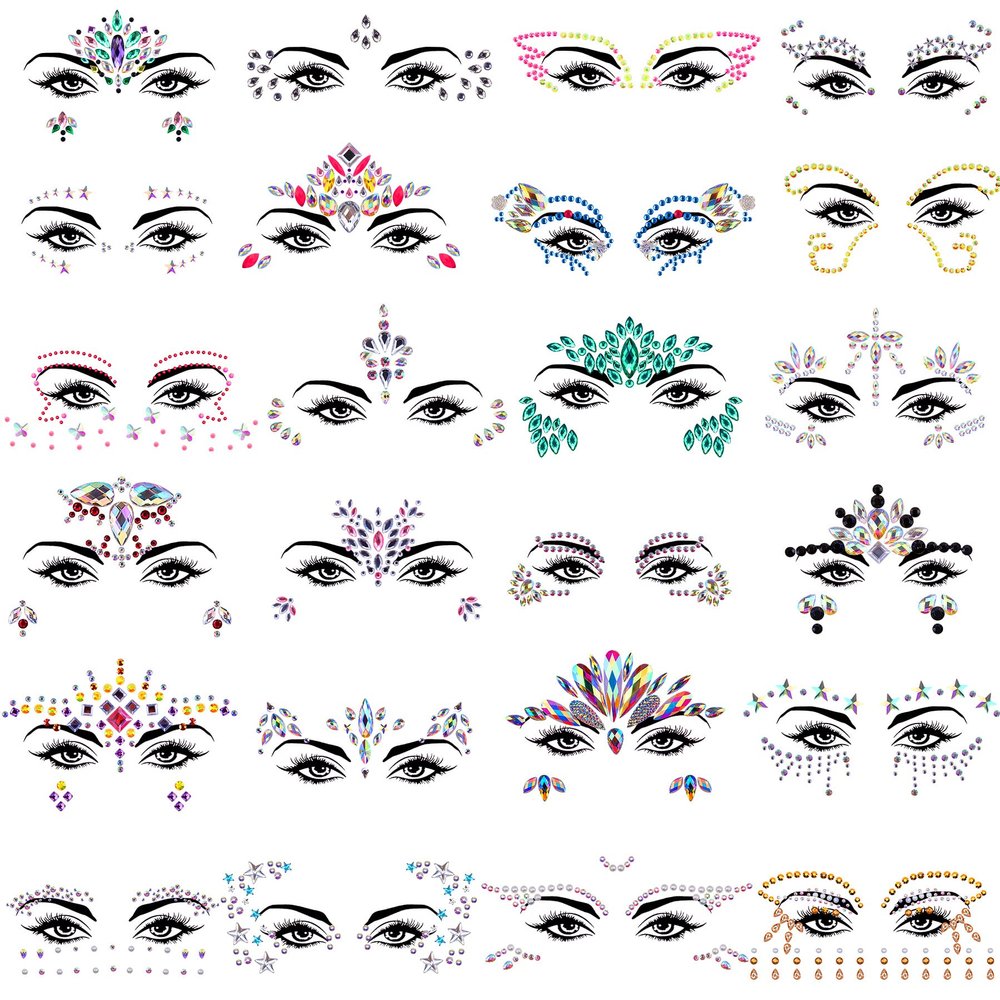 SIQUK 24 Sets Face Jewels Stickers Mermaid Face Gems Rave Face Crystal Rhinestone Face Jewel Gems for Festival Rave Carnival Party