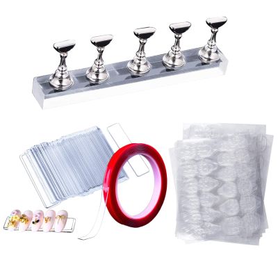 EBANKU 50Sheets Nail Adhesive Tabs with Nail Art Holder Display Stand Set, 50Pcs Acrylic Nails Holder Stand with 10M Double Sided Tape Adhesive Tabs for Press on Nail Sticky
