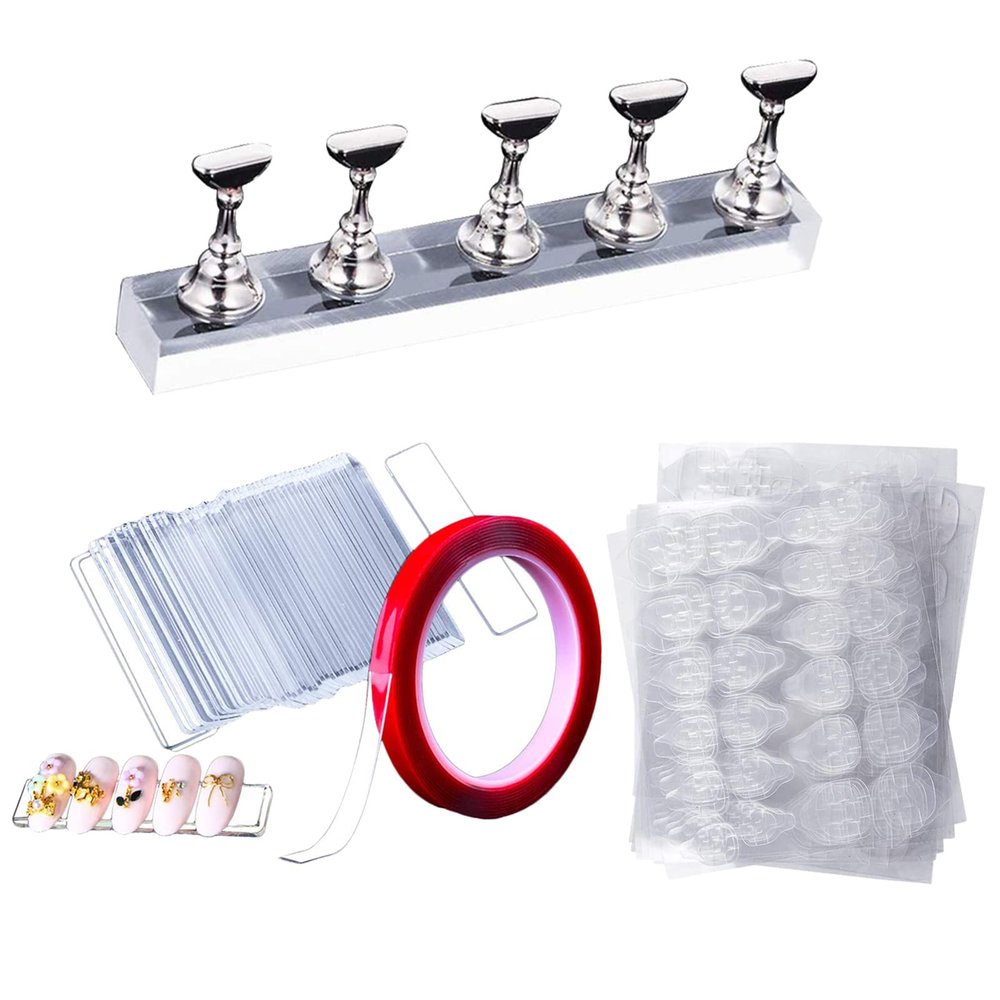 EBANKU 50Sheets Nail Adhesive Tabs with Nail Art Holder Display Stand Set, 50Pcs Acrylic Nails Holder Stand with 10M Double Sided Tape Adhesive Tabs for Press on Nail Sticky