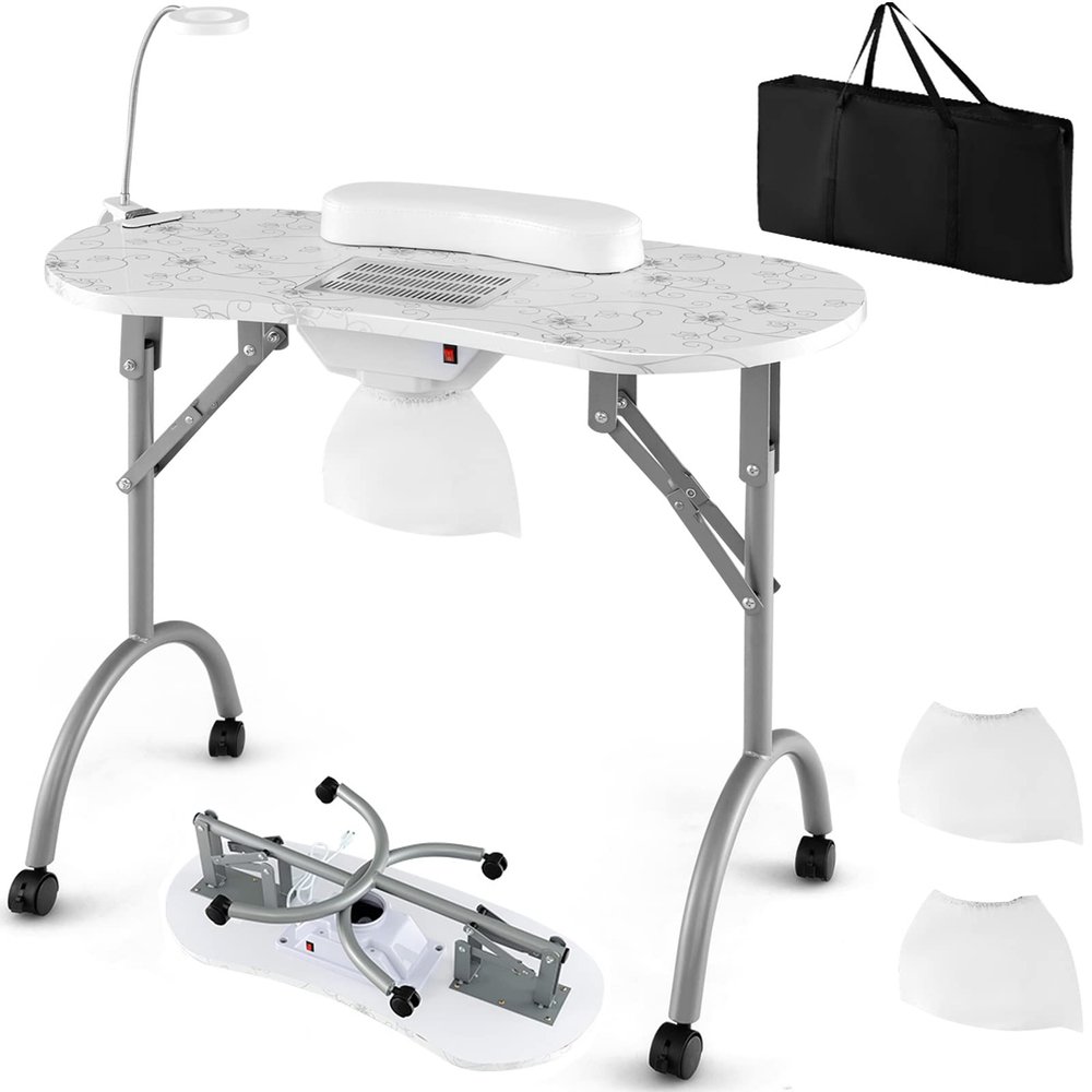 Giantex Nail Table for Nail Tech, Portable Manicure Table with Electric Dust Collector, USB-Plug LED Lamp, Wrist Rest, 4 Lockable Wheels, Foldable Nail Desk with Carry Bag (White)