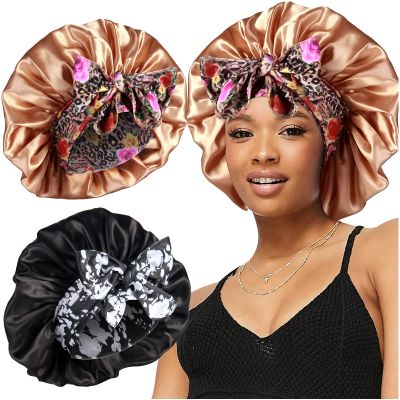2pcs Large Silky Bonnets with tie Band Braid Bonnet, Satin Bonnet for Sleeping Curly Hair, D