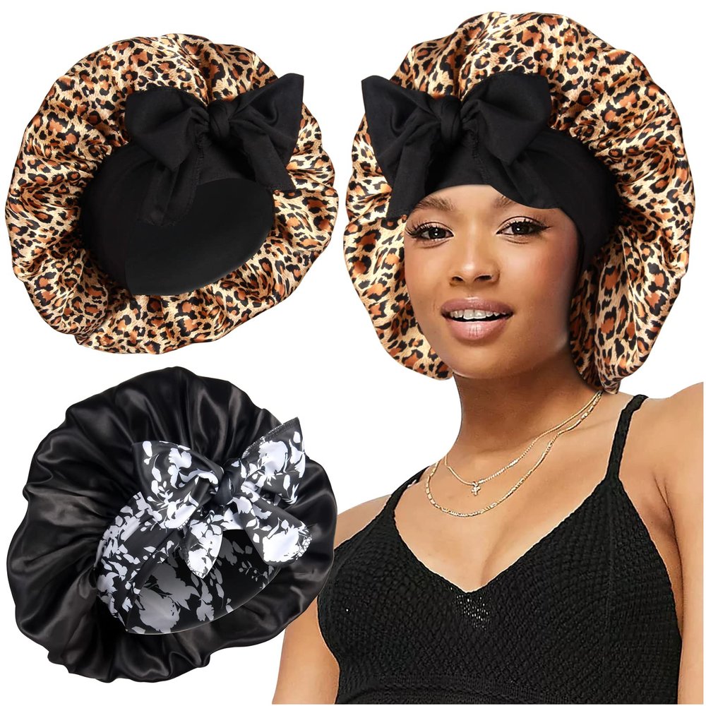 2pcs Large Silky Bonnets with tie Band Braid Bonnet, Satin Bonnet for Sleeping Curly Hair, B