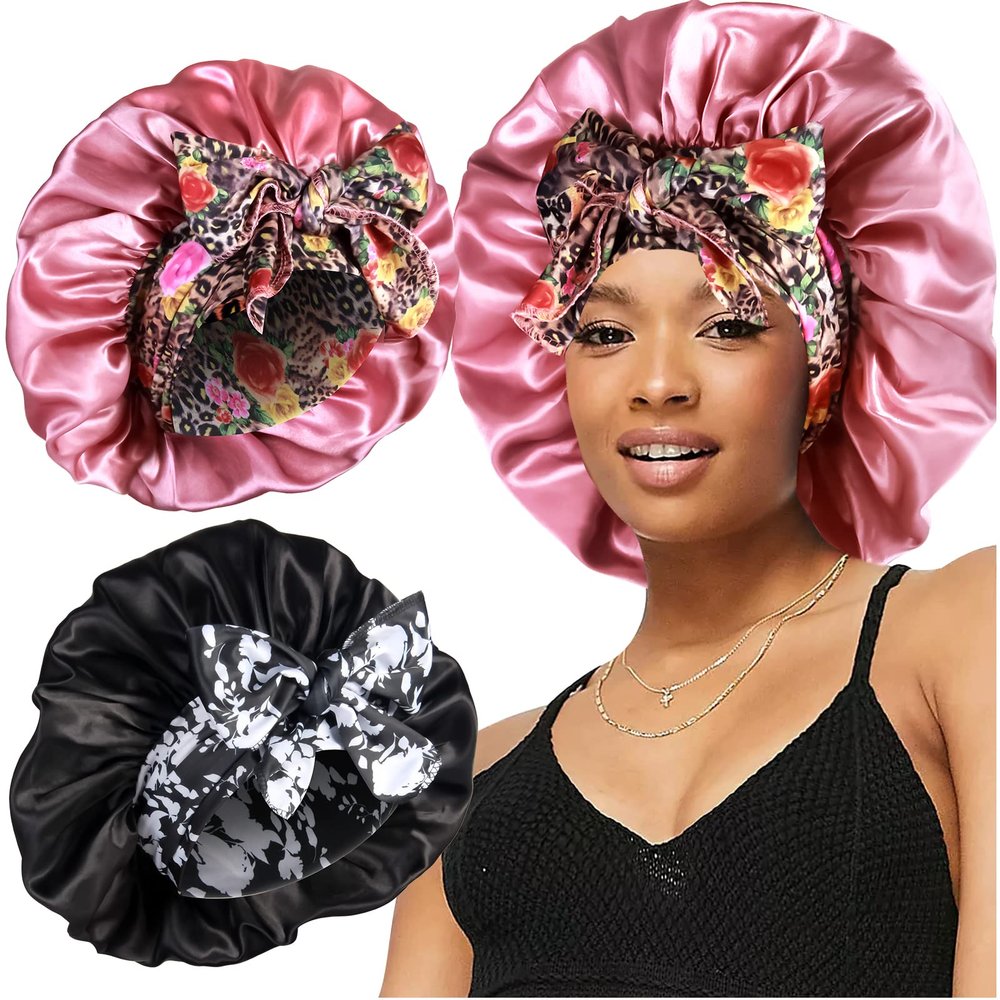 2pcs Large Silky Bonnets with tie Band Braid Bonnet, Satin Bonnet for Sleeping Curly Hair, A