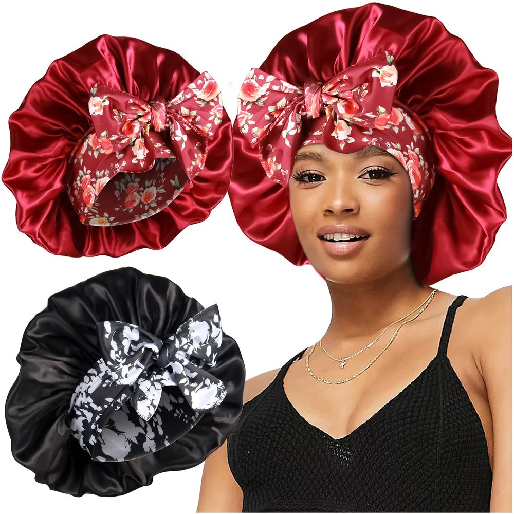 2pcs Large Silky Bonnets with tie Band Braid Bonnet, Satin Bonnet for Sleeping Curly Hair, C