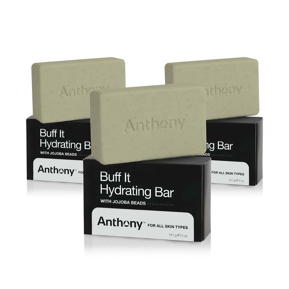 Anthony Men's Buff It Hydrating Soap Bar, 5 Oz, Pack of 3 - Contains Jojoba Beads, Aloe Extract, Avocado & Coconut Oils for Hydrating & Nourishing Body Skin