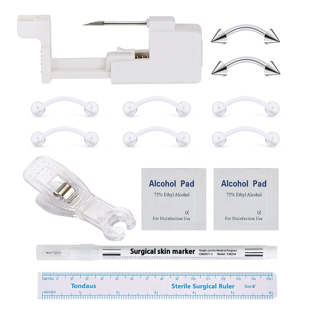 Beautidots 18PCS Body Piercing Kit for Ear/Nose/Lip/Eyebrow/Belly Button/Nipple Stainless Steel Piercing Needles Tools Safety Painless Disposable Self Piercing Gun