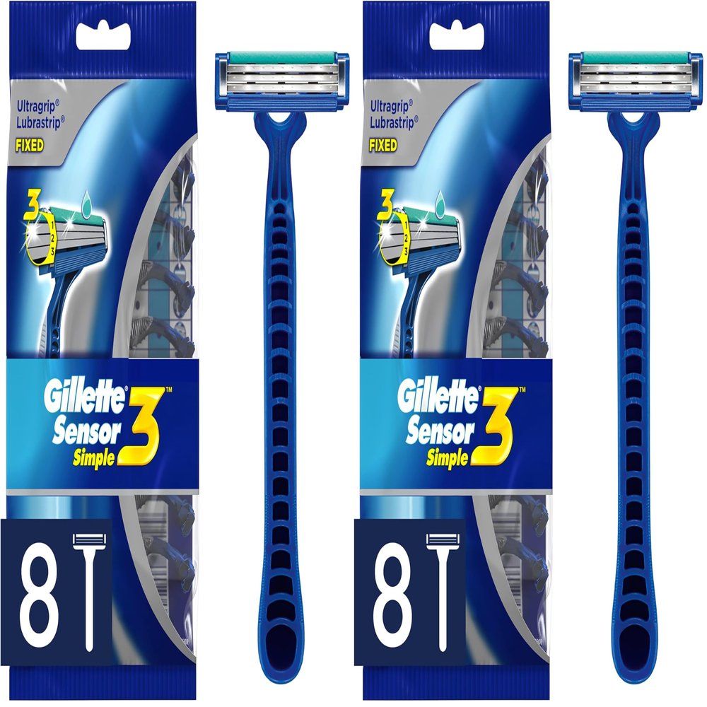 Gillette Sensor3 Simple Mens Disposable Razors, 8 Count (Pack of 2) Blue