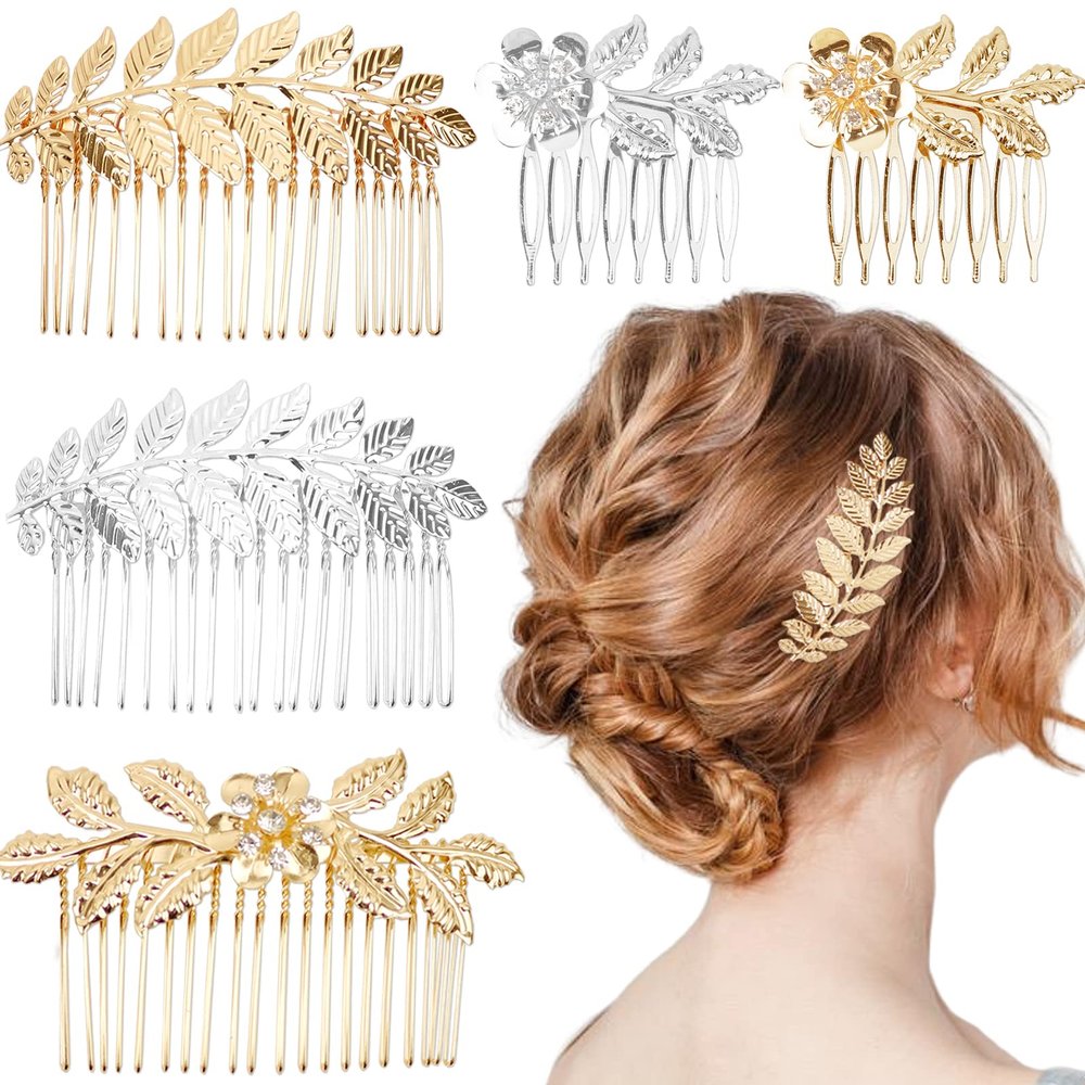 5 Pieces Leaf Hair Side Combs Gold Silver Rhinestone Hair Comb Clips with Teeth Combs for Wedding Hair Accessories for Women, Girls, Bride, Bridesmaid (Gold, Silver)