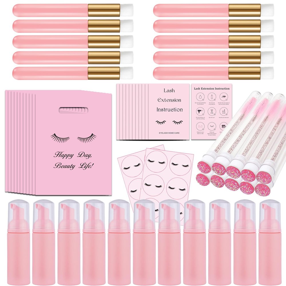 52PCS Lash Shampoo Bottles Brushes Set, 10pcs Foam Pump Dispenser, Lash Cleaning Brush, Eyelash Extension Tube Brush, Instructions Cards, Lash bags, 2pcs Eyelash Stickers for Business Clients (pink)