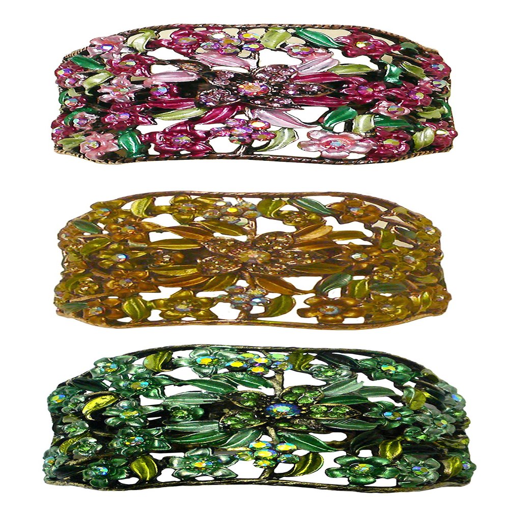 Set of 3 JCGY Crystal Flower Hair Holder Ponytail Barrettes YY86900-5-3rose brown green