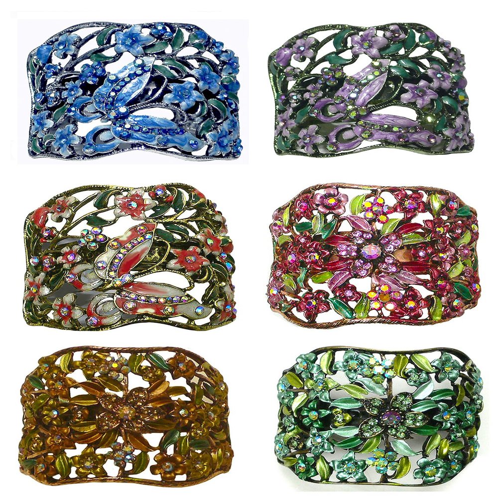 Set of 6 Crystal Butterfly and Flower Hair Holder Barrettes Ponytail Hair Barrettes YY86900-4sBlueGpuSi-5RoseGrnBrn