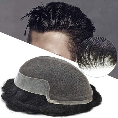 LYRICAL HAIR Toupee for Men Hair Piece System French Lace Front Bleached Knots Mens Hairpiece Poly Skin PU Hair Replacement Natural Hairline Wig for Men (8"x10", #1B30 Off Black+30% Gray-120% Med-light to Medium Density)
