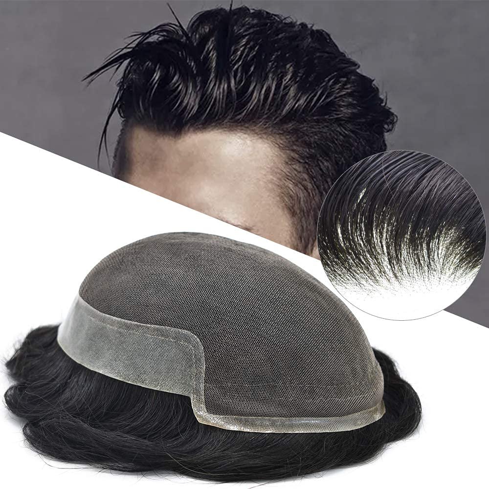 LYRICAL HAIR Toupee for Men Hair Piece System French Lace Front Bleached Knots Mens Hairpiece Poly Skin PU Hair Replacement Natural Hairline Wig for Men (8"x10", #1B30 Off Black+30% Gray-120% Med-light to Medium Density)