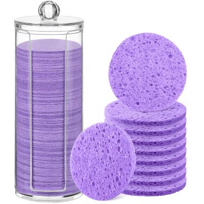 Sieral 120pcs Compressed Facial Sponges Disposable Natural Face Sponges Round Soft Pads with Container for Washing Face Cleansing Exfoliating Esthetician Makeup Removal Travel(Purple)