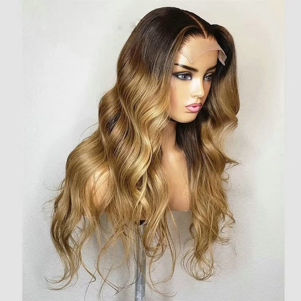 1B27 Ombre Honey Blonde Human Hair Wig HD Transparent Lace Front Wig Body Wave For Women Pre Plucked Natural Hairline Brazilian Remy Hair Bleached Knots 150% Density 18Inch