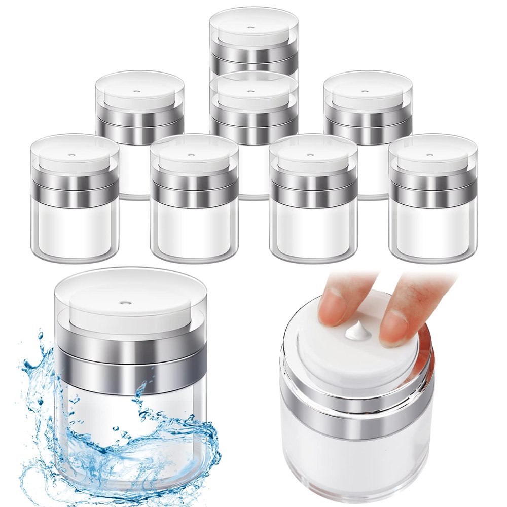 Pinkunn 8 Pcs Empty Airless Pump Jar Refillable Cosmetic Container Airless Pump Bottles Portable Travel Dispenser Leakproof Vacuum Bottle Moisturizer Container for Creams Gels Lotions(1 oz)