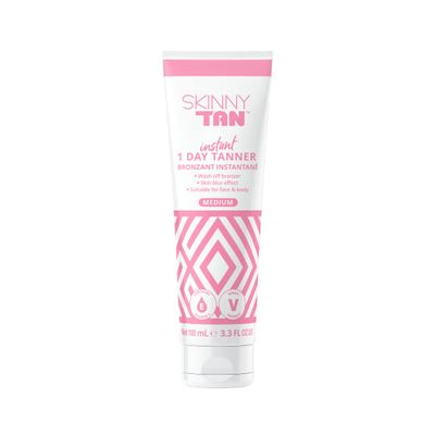 SkinnyTan 1 Day Instant Tanner - Self Tanning Lotion for Face and Body - Skin-Perfecting Coverage with Delicious Scent - Easy Rinse - Medium - 3.3 oz