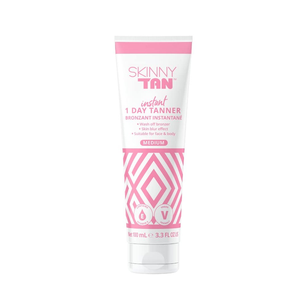 SkinnyTan 1 Day Instant Tanner - Self Tanning Lotion for Face and Body - Skin-Perfecting Coverage with Delicious Scent - Easy Rinse - Medium - 3.3 oz