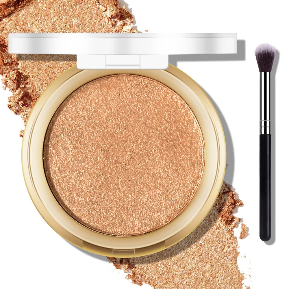 FREEORR Baked Highlighter Powder Palette, Makeup Highlighter Powder Palette Sheer Shimmering Finish Face Highlighters Makeup Iluminadores de Maquillaje #06 Bronze Glow