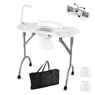 LDAILY Portable Nail Table, Foldable Nail Technician Desk w/Electric Dust Collector, Bendable LED Lamp, Removable Armrest Pad, Carry Bag, Manicure Table with Lockable Wheels for Home, Salon (White)